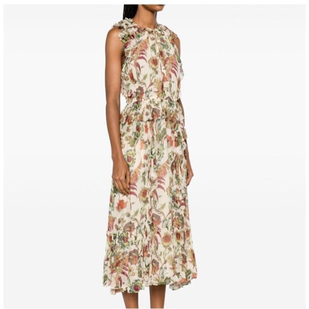 NWT Silk Ulla Johnson Adrienne Midi Dress w/ Ruffles Ecru Floral Size 6